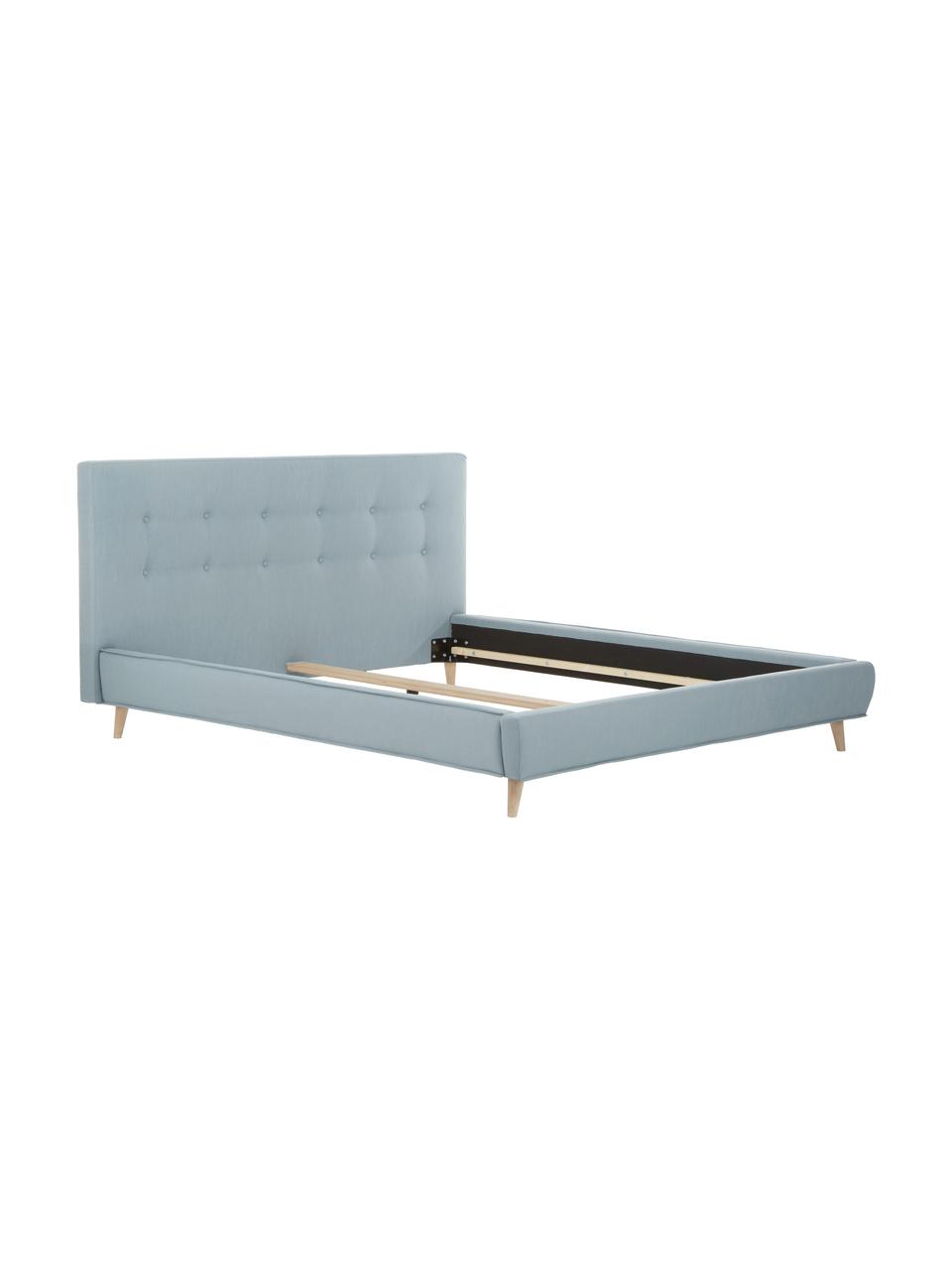 Letto imbottito con piedini in legno Moon, Rivestimento: poliestere (tessuto testu, Piedini: legno massiccio di querci, Tessuto blu grigio, Larg. 140 x Lung. 200 cm