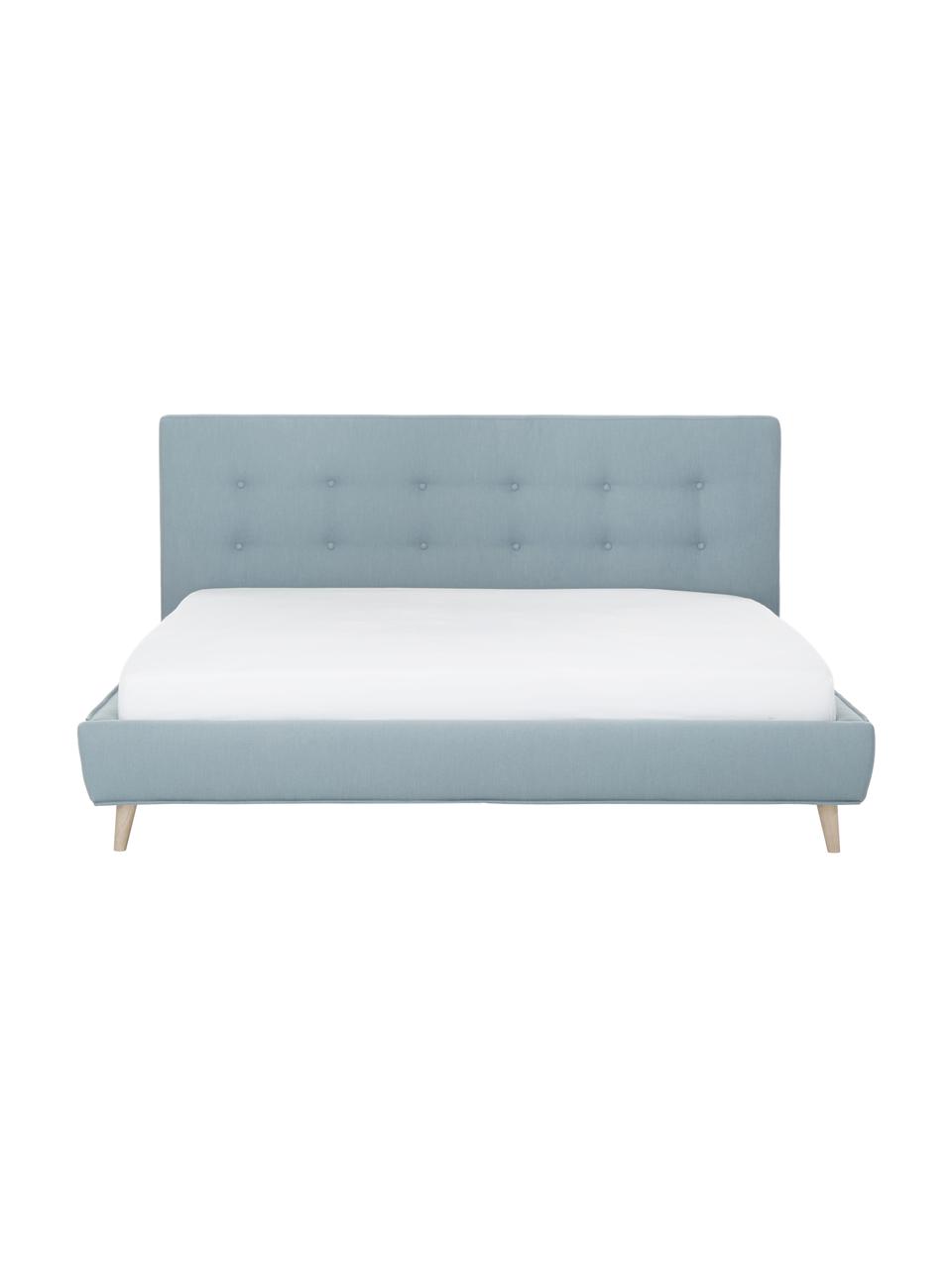 Čalouněná postel s dřevěnými nohami Moon, Modrošedá, Š 140 cm, D 200 cm