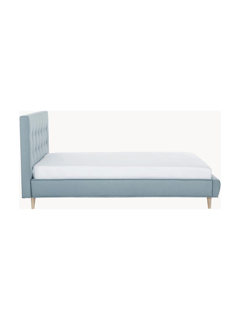 Letto imbottito con piedini in legno Moon, Rivestimento: poliestere (materiale str, Tessuto grigio blu, Larg. 140 x Lung. 200 cm