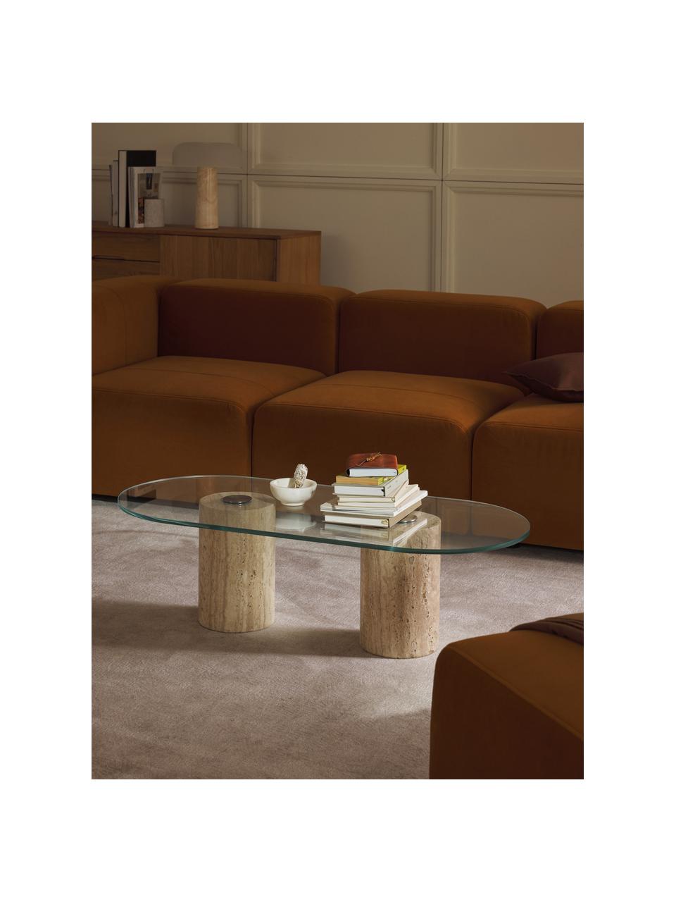 Grosser ovaler Couchtisch Jonah, Tischplatte: Glas, Beine: Travertin, Transparent, Beige Travertin, B 110 x T 50 cm