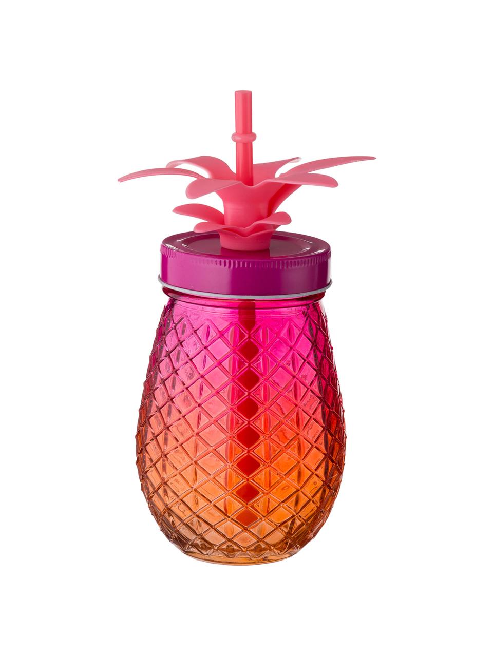 Drinkglazen Pineapples met deksel en rietje, 3-delig, Drinkglas: glas, Deksel: metaal, Rietje: kunststof, Roze, oranje, geel, Ø 9 x H 14 cm