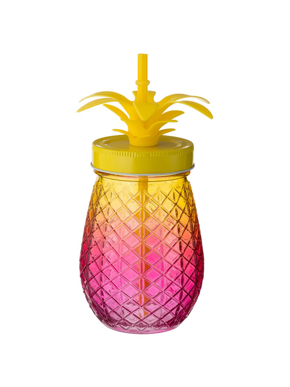 Drinkglazen Pineapples met deksel en rietje, 3-delig, Drinkglas: glas, Deksel: metaal, Rietje: kunststof, Roze, oranje, geel, Ø 9 x H 14 cm