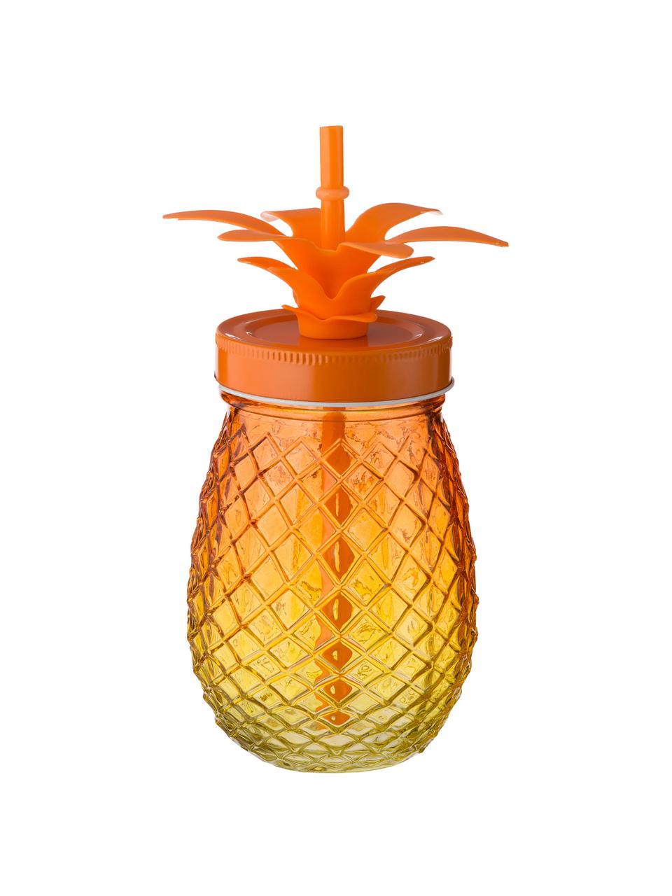 Drinkglazen Pineapples met deksel en rietje, 3-delig, Drinkglas: glas, Deksel: metaal, Rietje: kunststof, Roze, oranje, geel, Ø 9 x H 14 cm