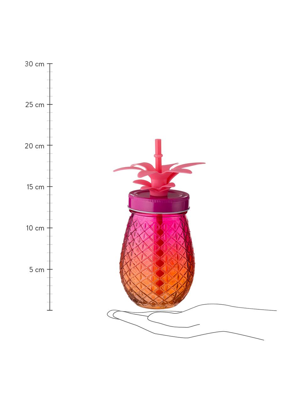 Drinkglazen Pineapples met deksel en rietje, 3-delig, Drinkglas: glas, Deksel: metaal, Rietje: kunststof, Roze, oranje, geel, Ø 9 x H 14 cm