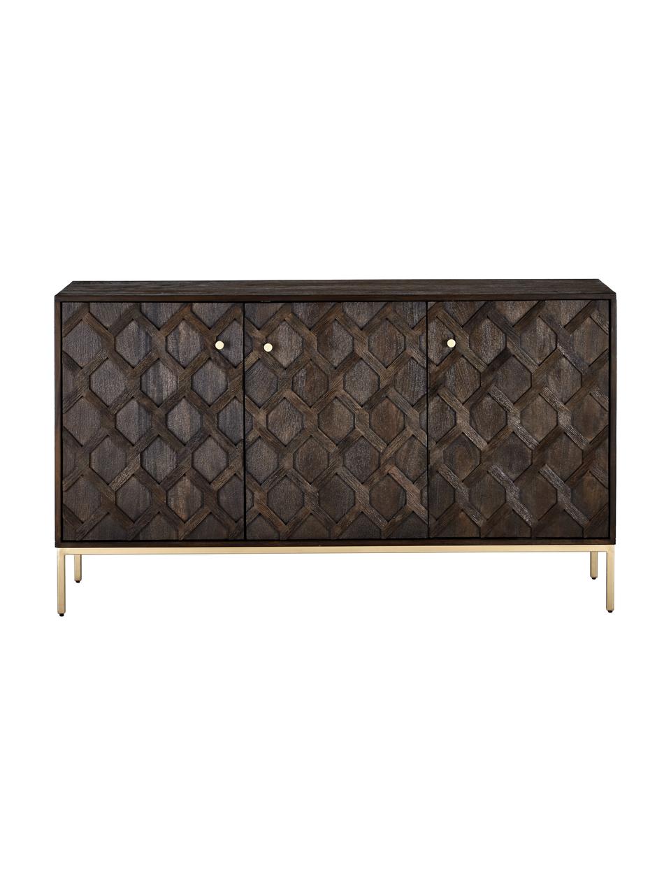 Credenza in legno di mango massiccio con ante Clive, Struttura: metallo verniciato a polv, Legno di mango, dorato, Larg. 150 x Alt. 85 cm