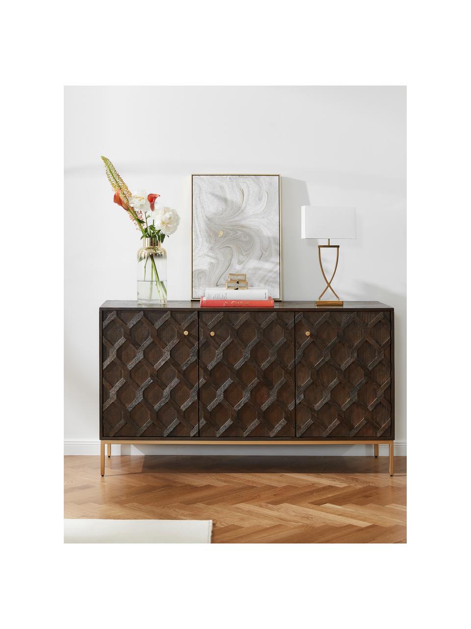 Sideboard Clive mit Türen aus massivem Mangoholz, Korpus: Massives Mangoholz, lacki, Griffe: Metall, pulverbeschichtet, Gestell: Metall, pulverbeschichtet, Mangoholz, Goldfarben, 150 x 85 cm