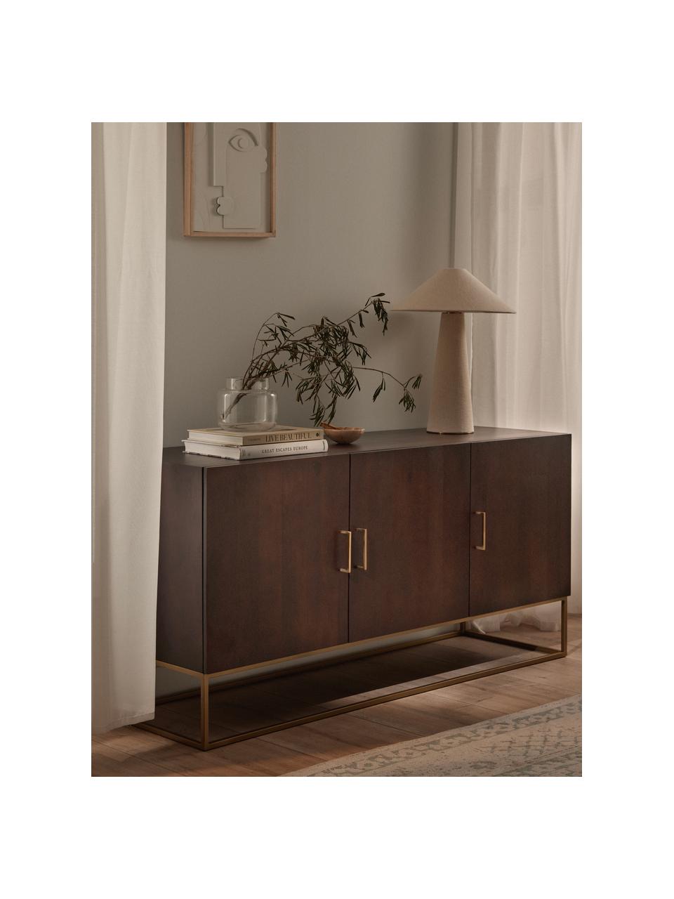 Credenza in legno di mango Lyle, Struttura e maniglie: metallo verniciato a polv, Legno di mango scuro, dorato, Larg. 150 x Alt. 72 cm