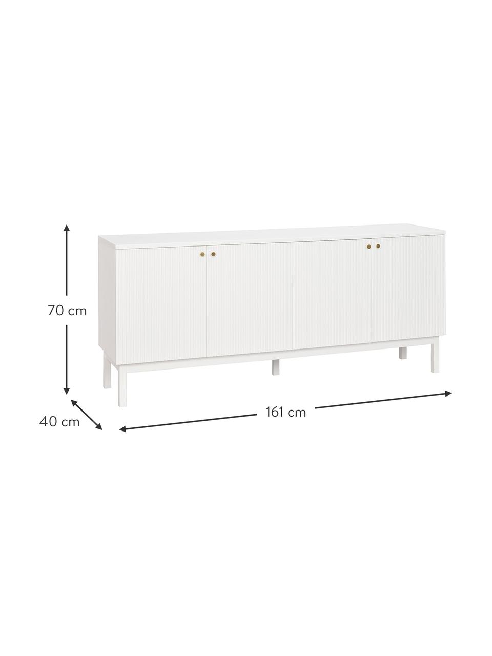 Sideboard Lewiston mit geriffelter Front in Weiß, Außen: Mitteldichte Holzfaserpla, Innen: Mitteldichte Holzfaserpla, Beine: Gummibaumholz, massiv, la, Griffe: Metall, lackiert, gebürst, Weiß, B 161 x H 70 cm