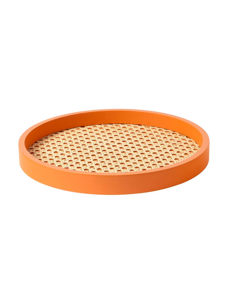 Rond decoratief dienblad Carina met Weens vlechtwerk, Plank: rotan, Rand: MDF, Oranje, Ø 30 x H 3 cm