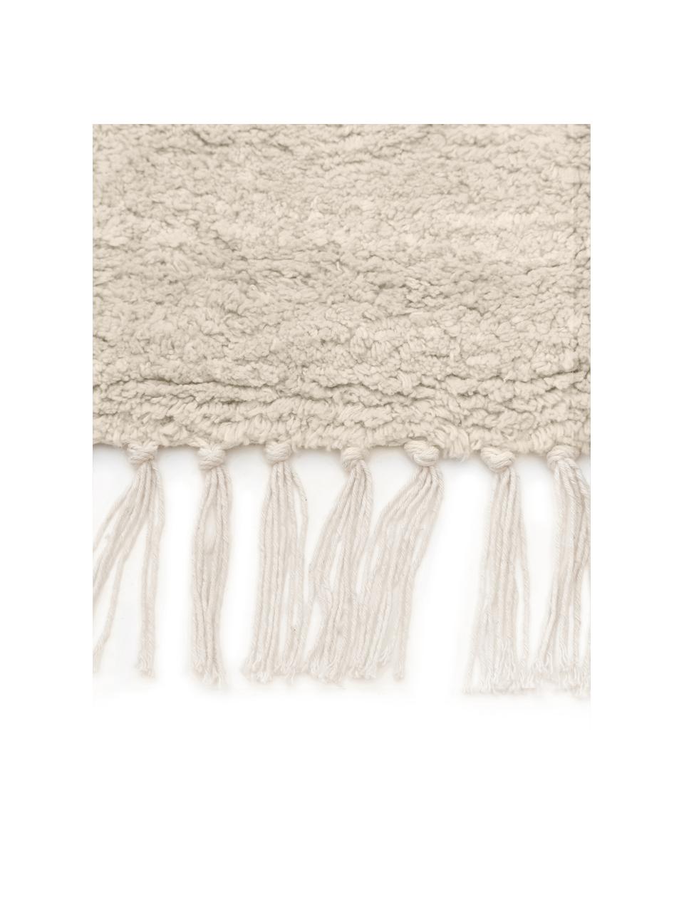 Handgetuft katoenen vloerkleed Bina met ruitjesmotief en franjes, Beige,wit, B 80 x L 150 cm (maat XS)