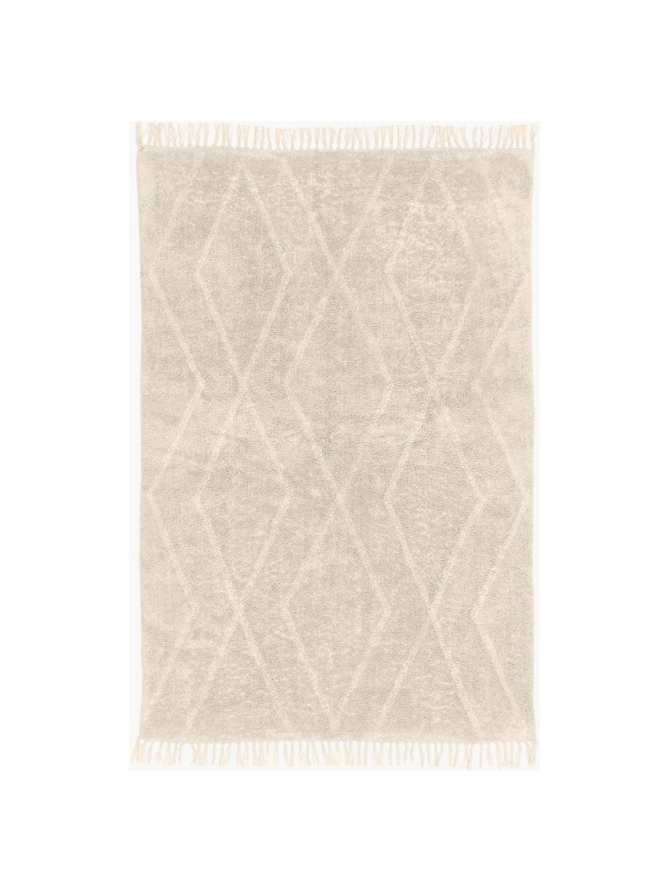 Handgetuft katoenen vloerkleed Bina met ruitjesmotief en franjes, Beige, B 120 x L 180 cm (maat S)