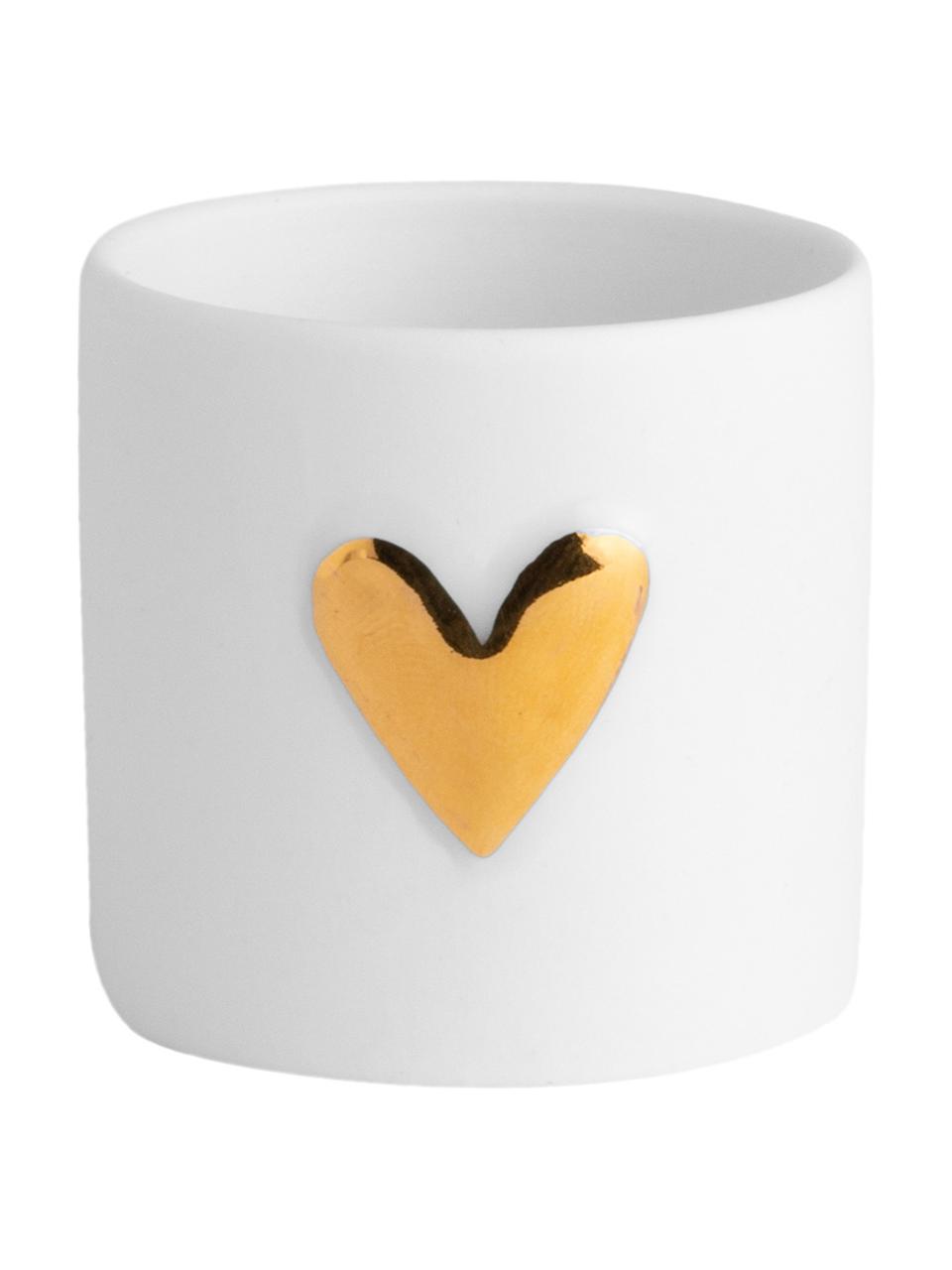 Portavelas pequeños de porcelanan Heart, 2 uds., Porcelana, Blanco, dorado, Ø 5 x Al 5 cm