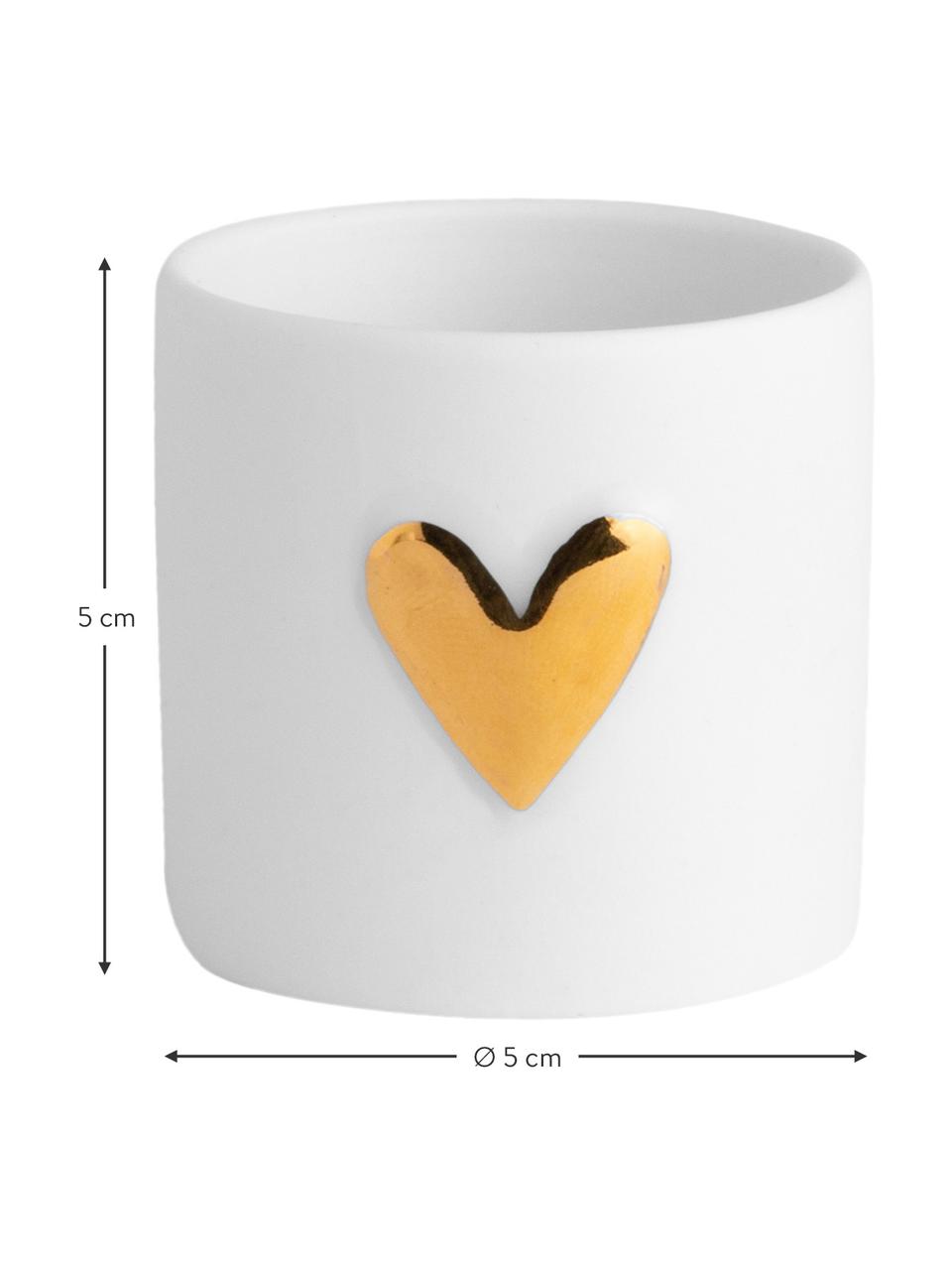 Kleiner Porzellan-Teelichthalter Heart, 2 Stück, Porzellan, Weiß, Goldfarben, Ø 5 x H 5 cm