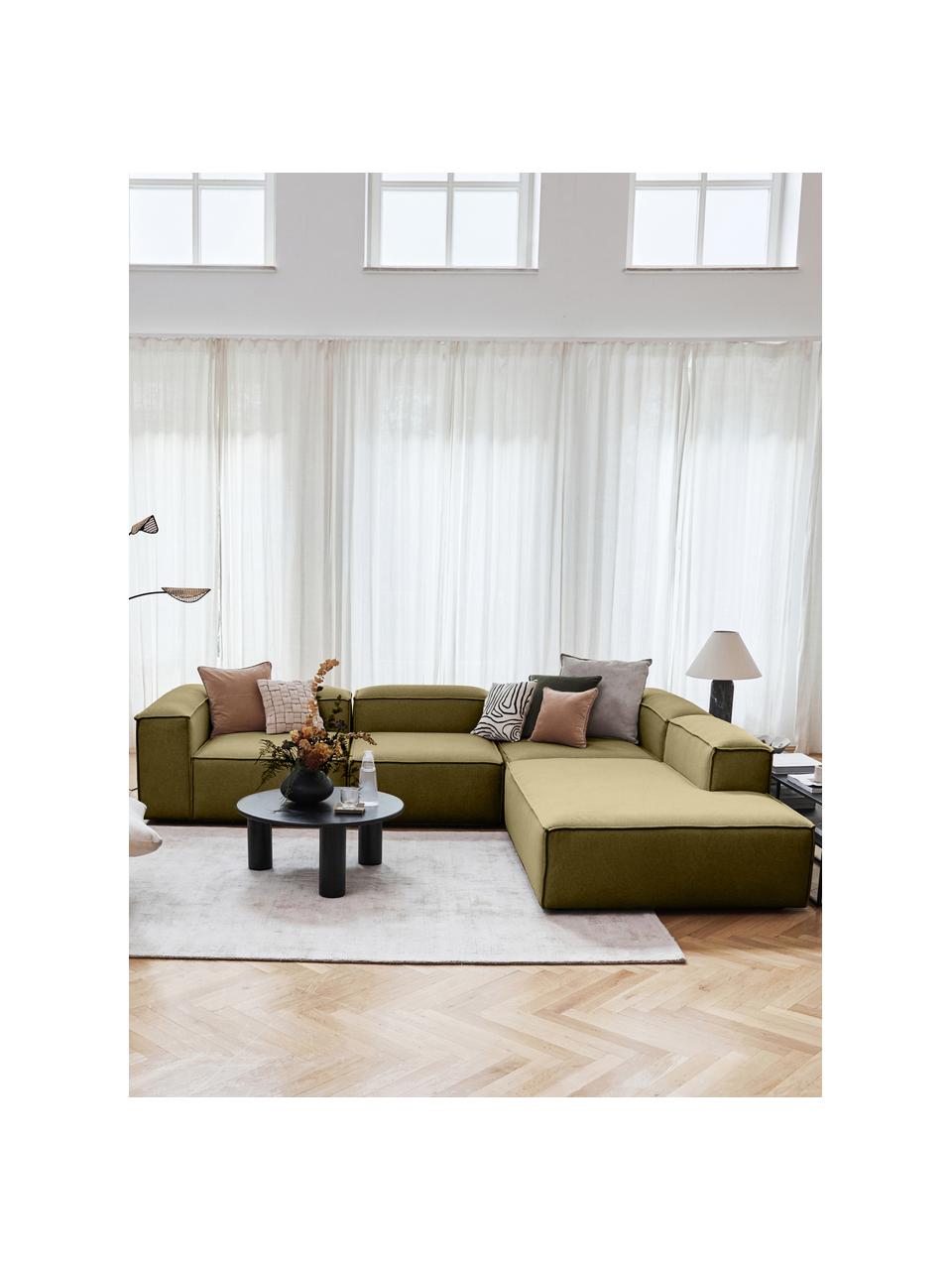Narożna sofa modułowa XL Lennon, Tapicerka: 100% poliester Dzięki tka, Stelaż: lite drewno, sklejka, Nogi: tworzywo sztuczne, Zielona tkanina, S 329 x W 68 cm, prawostronna