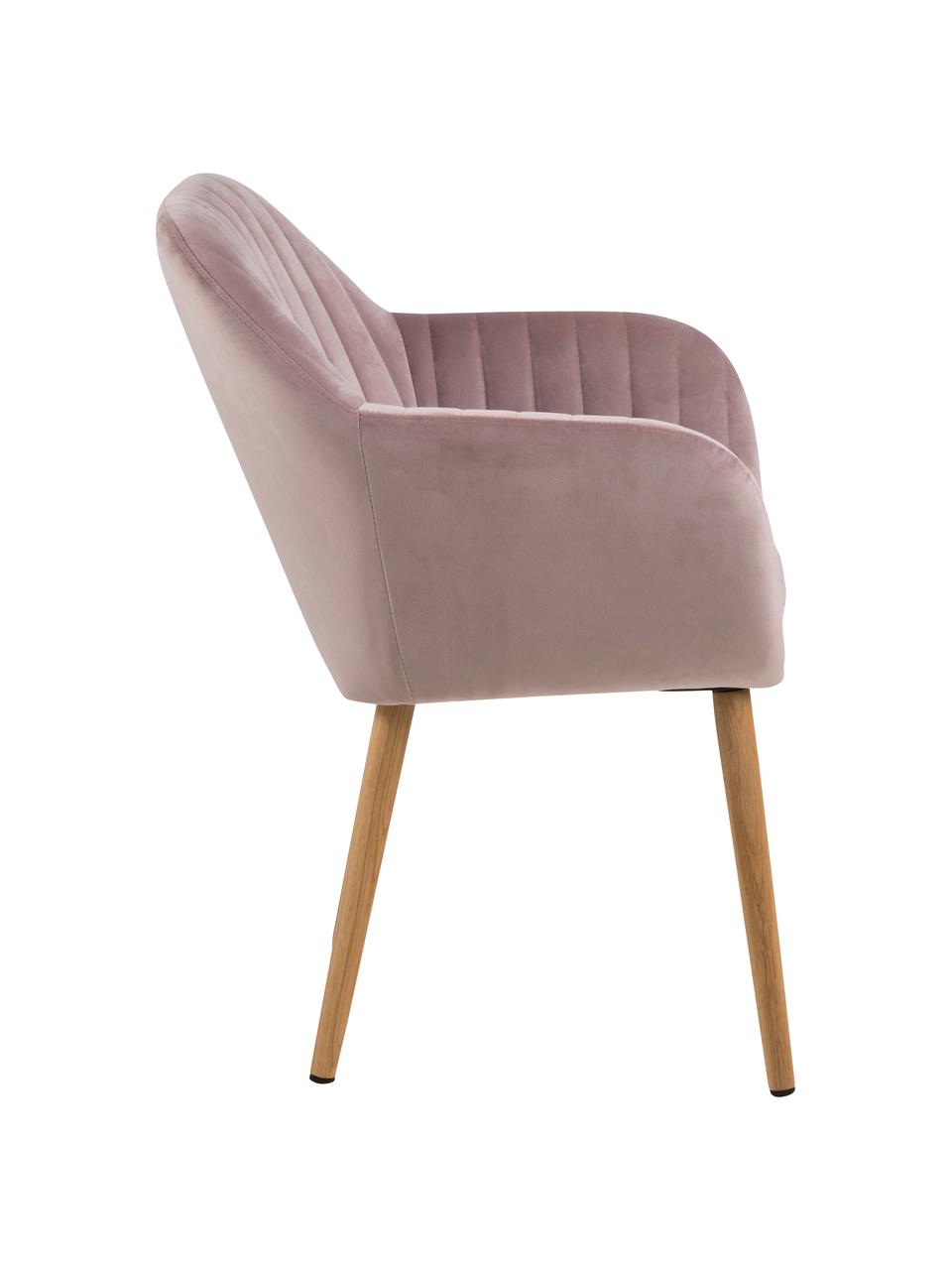 Sametová židle s područkami a dřevěnými nohami Emilia, Růžová, dubové dřevo, Š 57 cm, H 59 cm