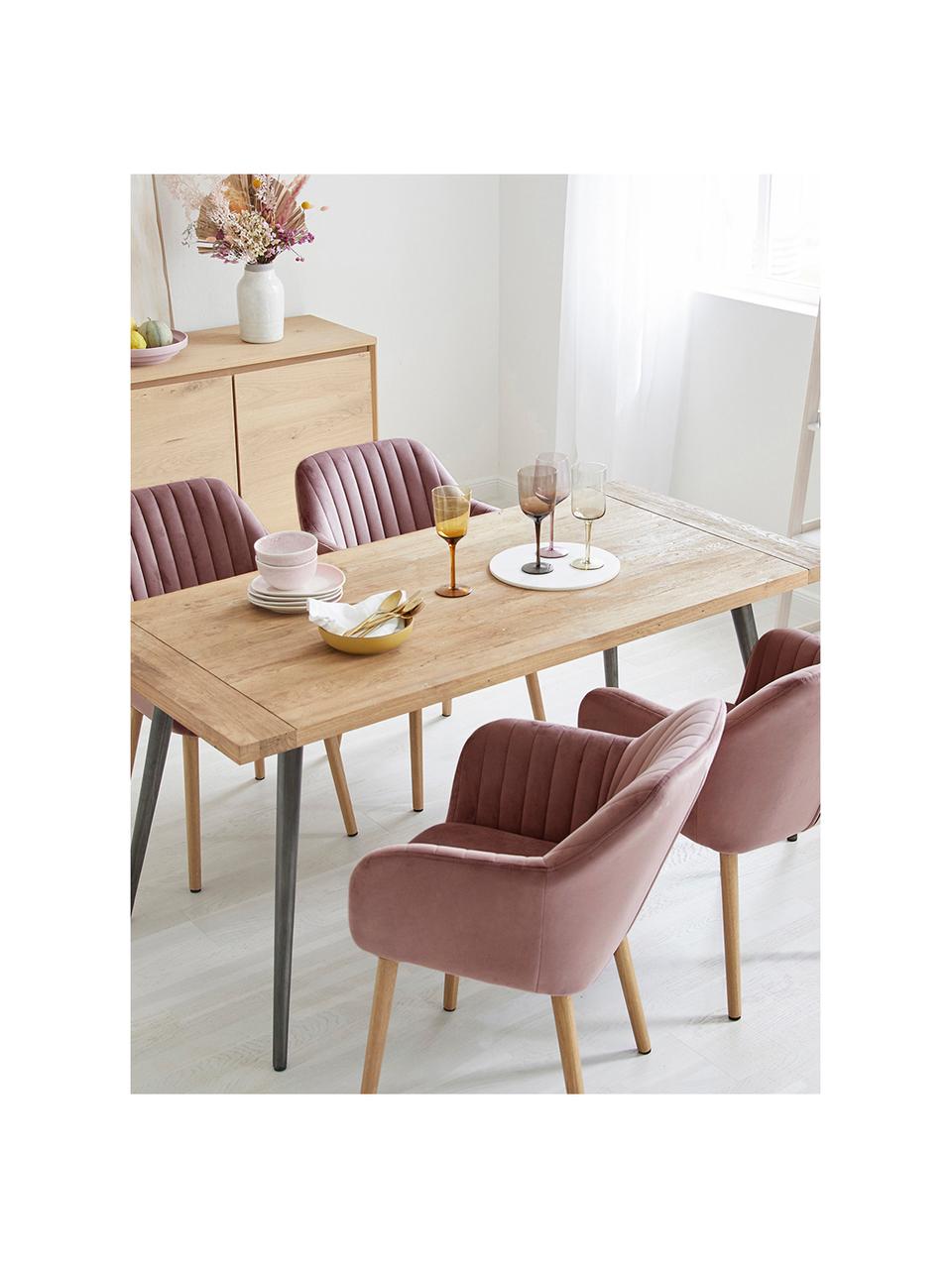 Sametová židle s područkami a dřevěnými nohami Emilia, Růžová, dubové dřevo, Š 57 cm, H 59 cm