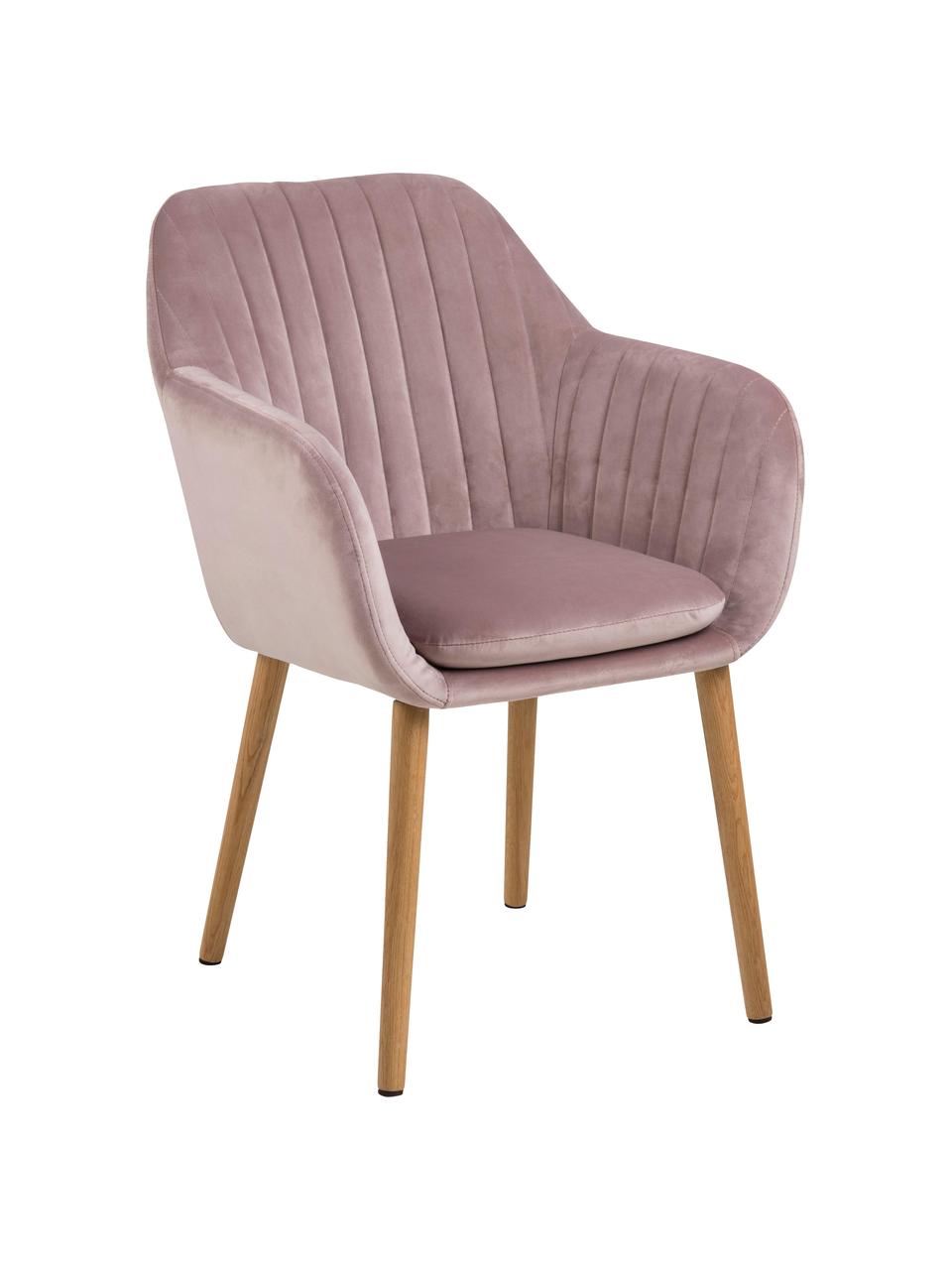 Chaise en velours avec accoudoirs Emilia, Velours rose, bois de chêne, larg. 57 x prof. 59 cm