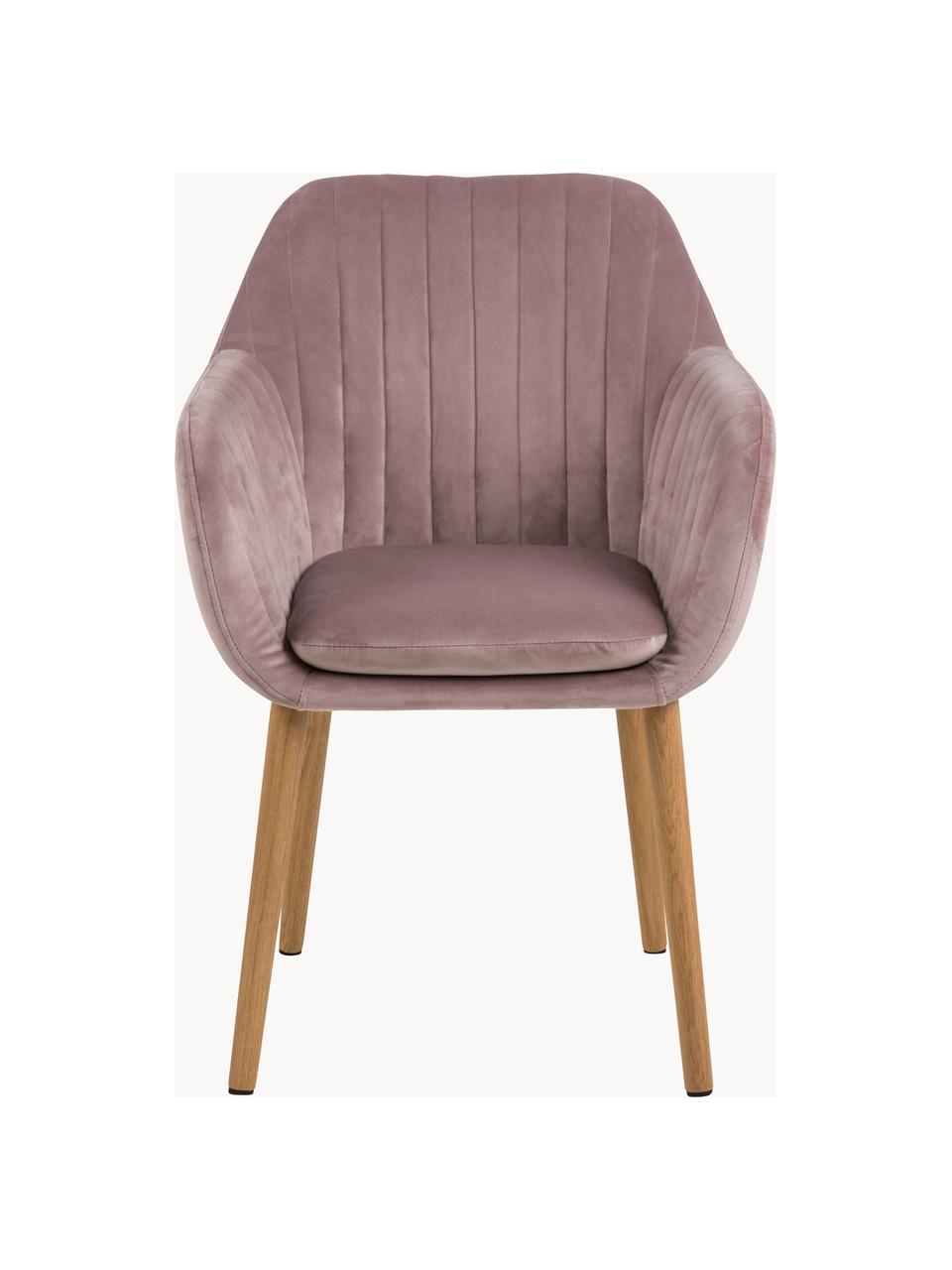 Sametová židle s područkami a dřevěnými nohami Emilia, Starorůžová, dubové dřevo, Š 57 cm, H 59 cm