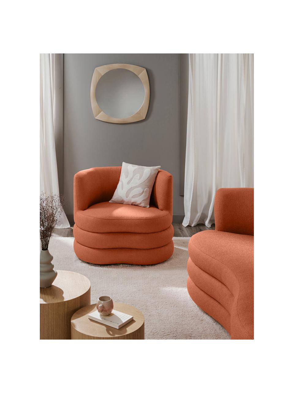 Designer Bouclé-Sessel Solomon, Bezug: 100 % Polyester Der hochw, Gestell: Massives Fichtenholz, FSC, Beine: Kunststoff, Bouclé Korallenrot, B 95 x T 80 cm