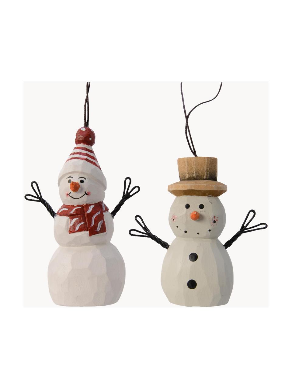 Kerstboomhanger Snowman, 2-delig, Lindenhout, Wit, beige, rood, zwart, Set met verschillende formaten