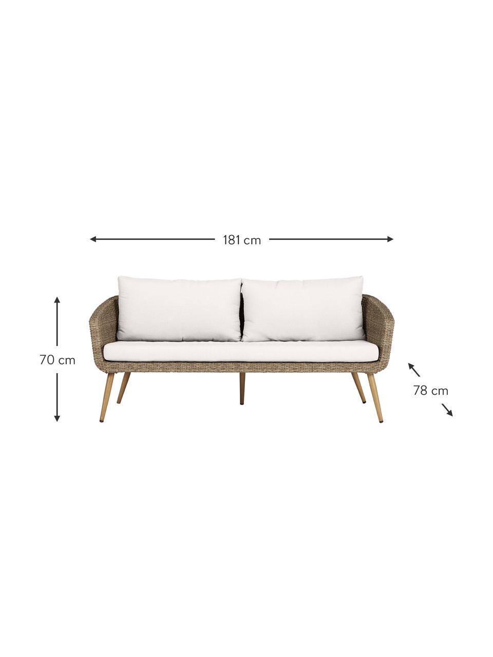 Canapé lounge de jardin (3 places) Prisca, Tissu blanc crème, rotin, larg. 181 x prof. 78 cm