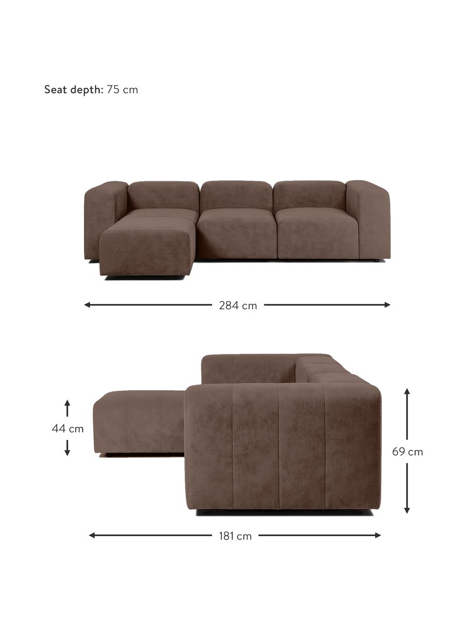 Sofa modułowa z pufem Lena (4-osobowa), Tapicerka: tkanina (88% poliester, 1, Stelaż: drewno sosnowe, sklejka, , Nogi: tworzywo sztuczne, Ciemnobrązowa tkanina, S 284 x G 181 cm