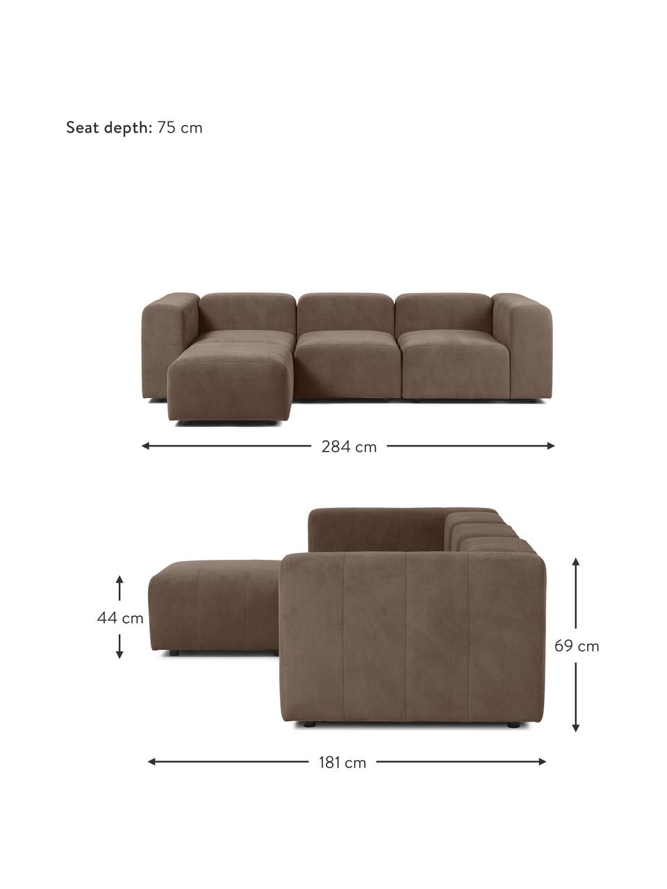 Sofá modular con reposapiés Lena (4 plazas), Tapizado: tejido (88% poliéster, 12, Estructura: madera de pino, contracha, Patas: plástico, Tejido marrón oscuro, An 284 x F 181 cm