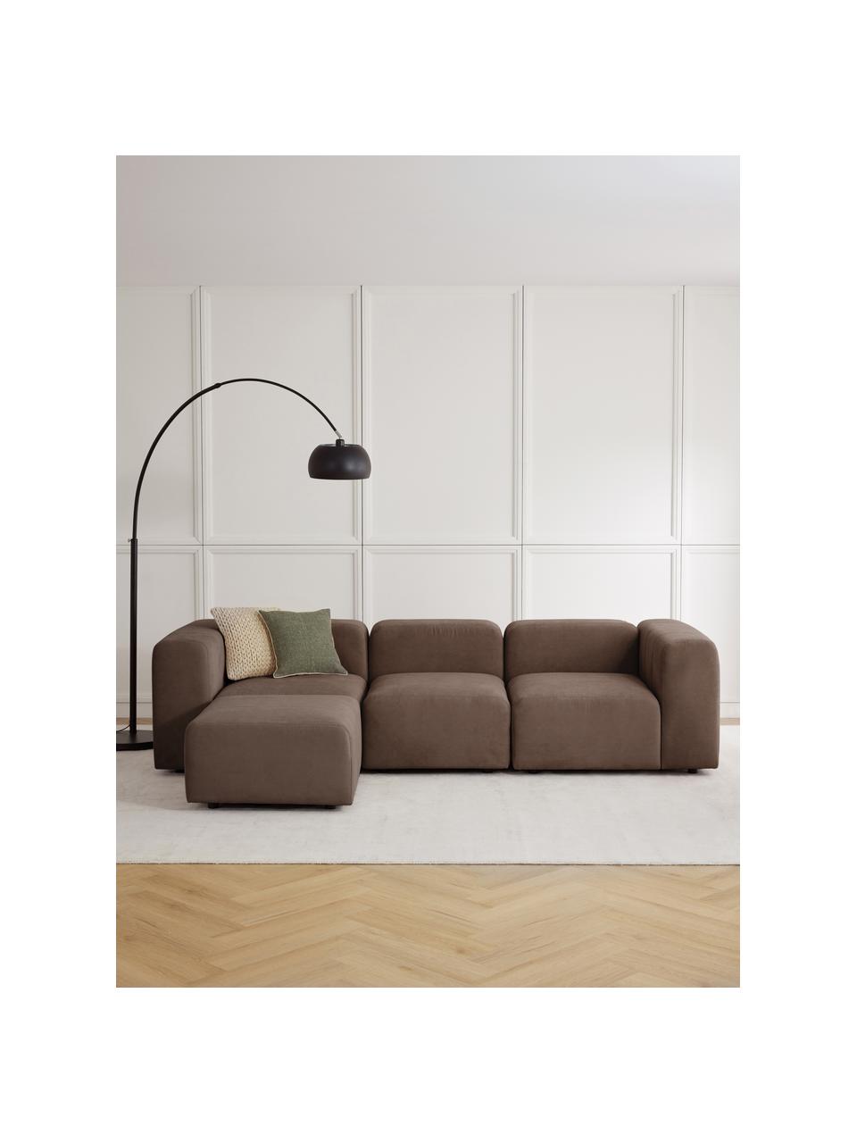 Sofá modular con reposapiés Lena (4 plazas), Tapizado: tejido (88% poliéster, 12, Estructura: madera de pino, contracha, Patas: plástico, Tejido marrón oscuro, An 284 x F 181 cm