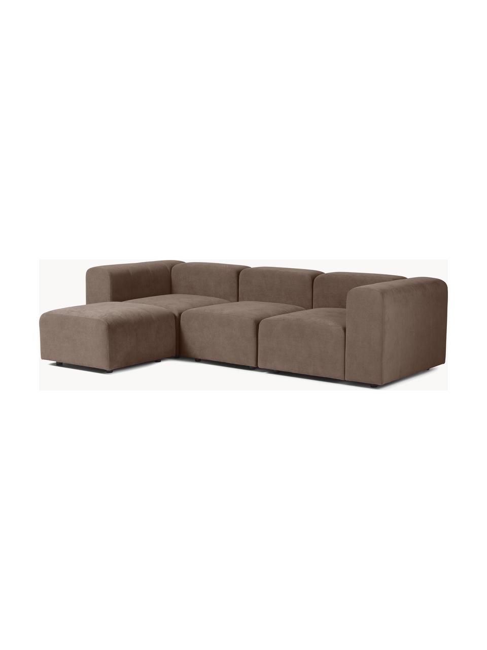 Modulaire bank Lena (4-zits) met kruk, Bekleding: geweven stof (88% polyest, Frame: grenenhout, multiplex, ha, Poten: kunststof, Geweven stof donkerbruin, B 284 x D 181 cm