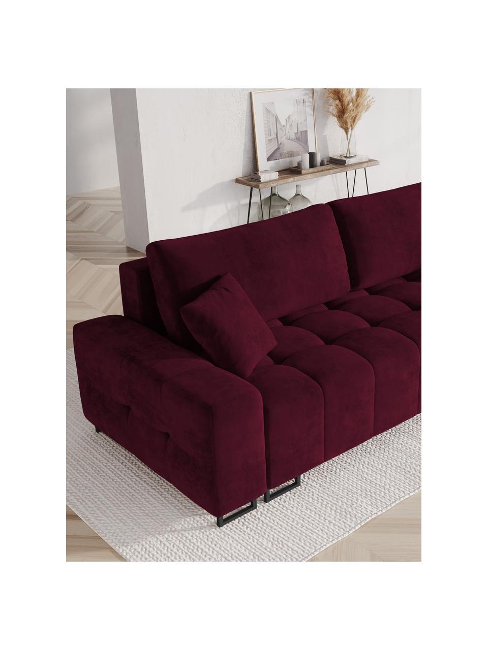 Divano letto 3 posti in velluto rosso con contenitore Byron, Rivestimento: velluto di poliestere Con, Struttura: Pino massiccio, Truciolar, Velluto rosso vino, nero, Larg. 250 x Prof. 105 cm