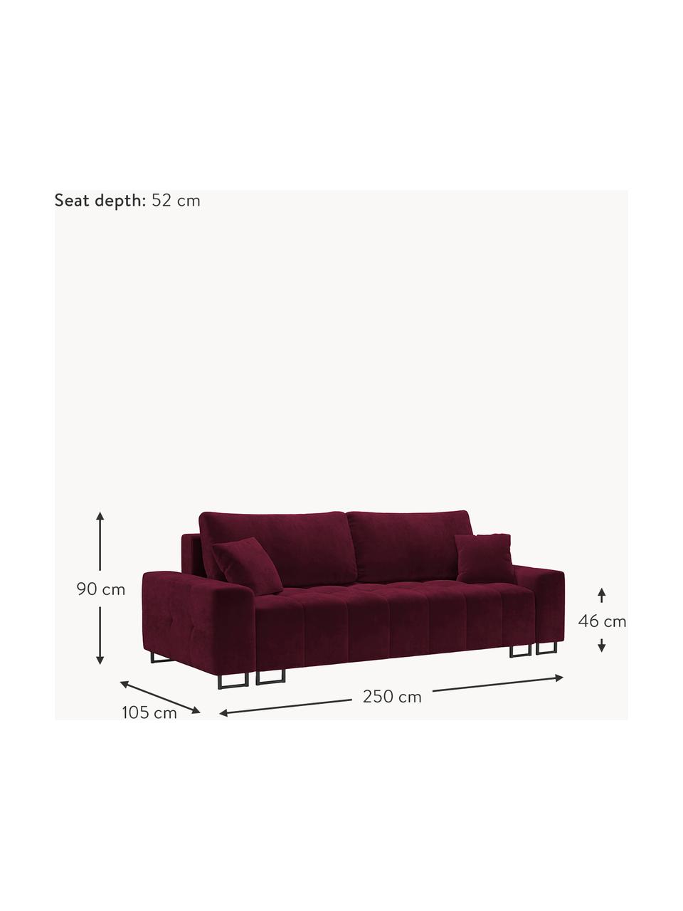 Divano letto 3 posti in velluto rosso con contenitore Byron, Rivestimento: velluto di poliestere Con, Struttura: Pino massiccio, Truciolar, Velluto rosso vino, nero, Larg. 250 x Prof. 105 cm