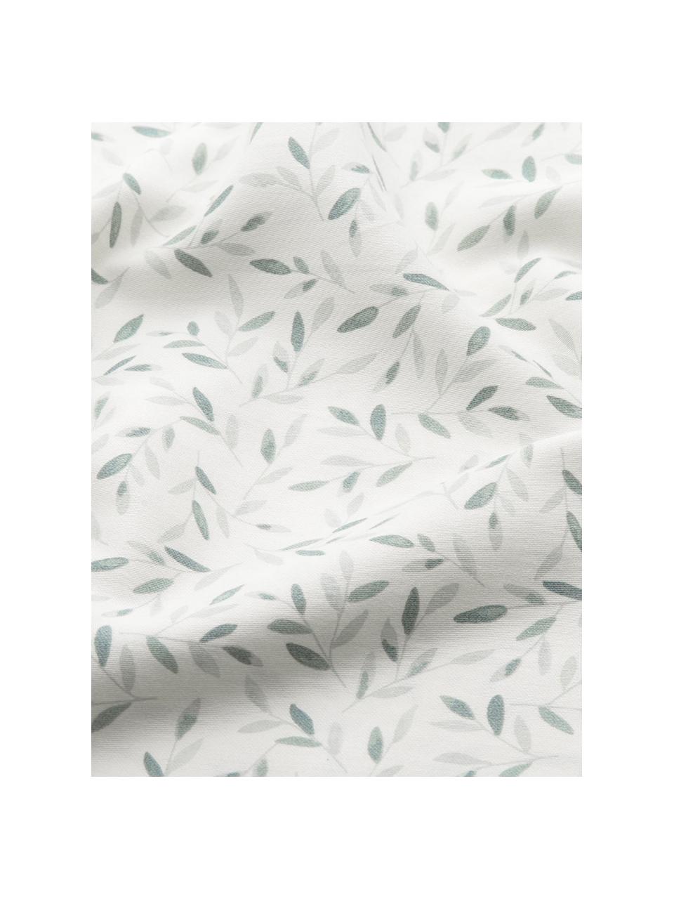 Copripiumino in raso di cotone organico Green Leaves, 100% raso di cotone organico certificato GOTS, Bianco, verde, fantasia, 135 x 200 cm + 1 federa 80 x 80 cm