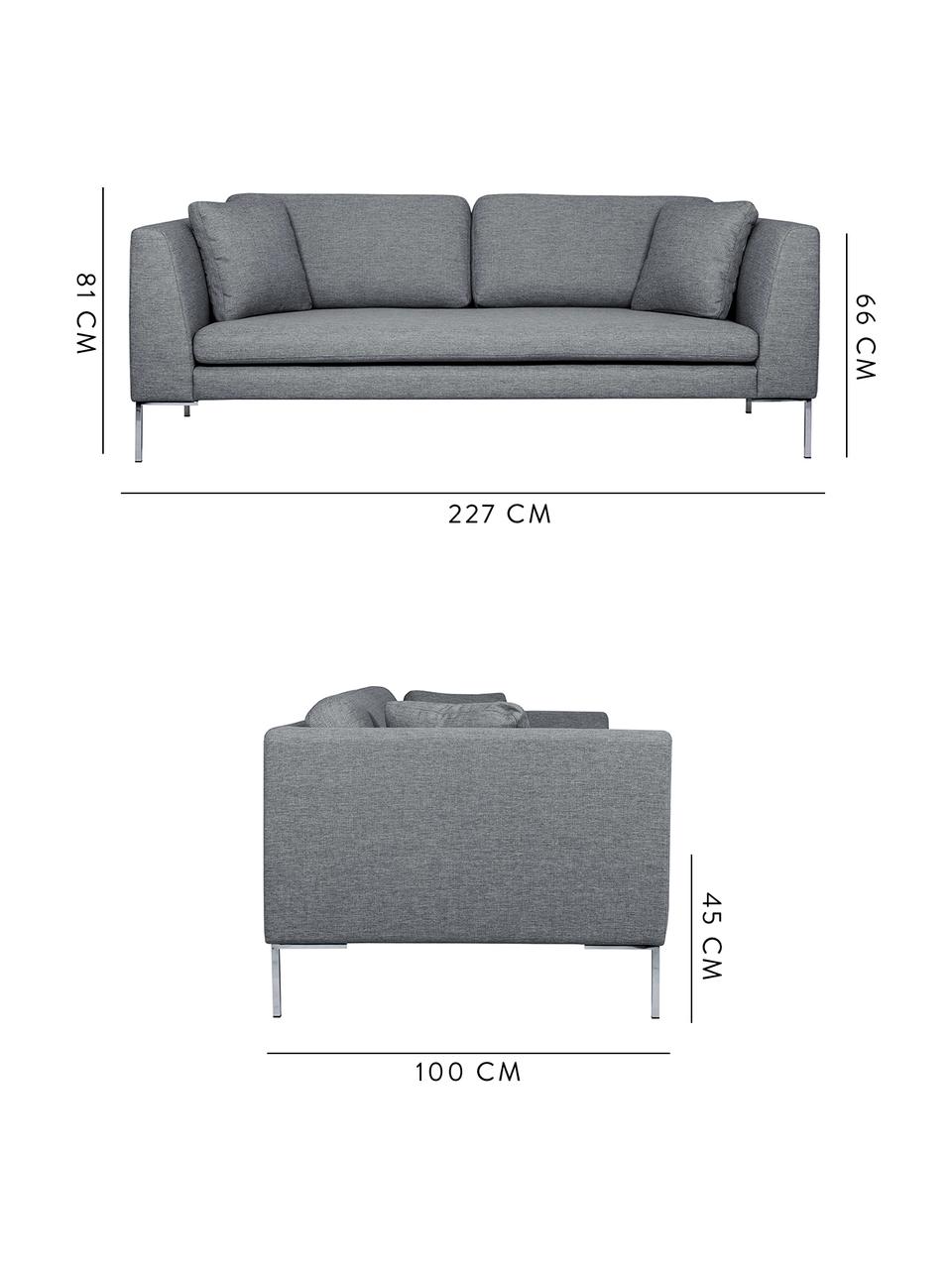 Sofa Emma (3-Sitzer), Bezug: Polyester 100.000 Scheuer, Gestell: Massives Kiefernholz, Webstoff Grau, Füsse Silber, B 227 x T 100 cm