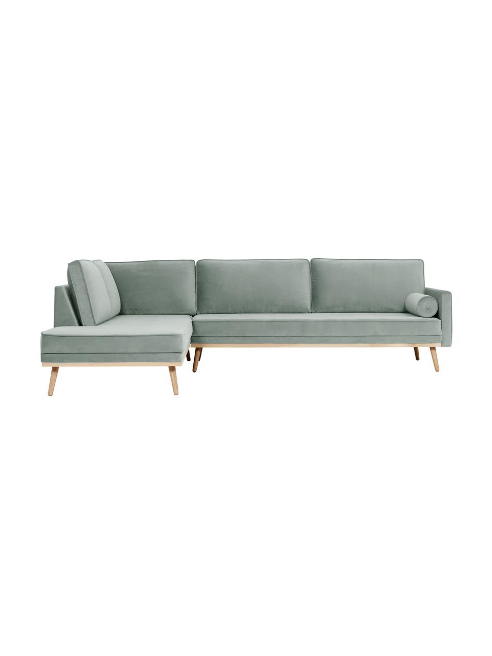 Samt-Ecksofa Saint (4-Sitzer) in Salbeifarben mit Eichenholz-Füssen, Bezug: Samt (Polyester) Der hoch, Gestell: Massives Eichenholz, Span, Webstoff Salbeifarben, B 294 x T 220 cm