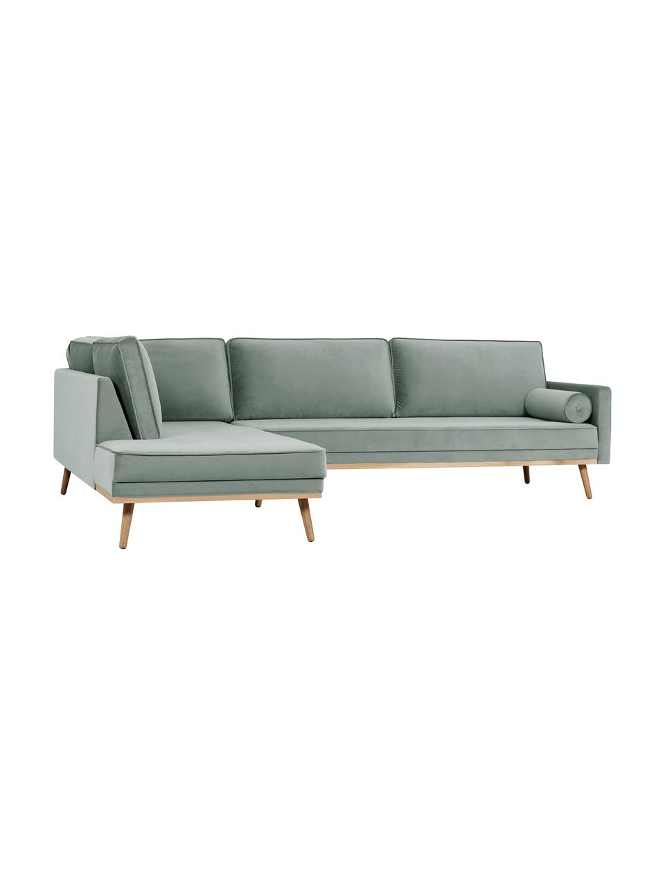 Samt-Ecksofa Saint (4-Sitzer) in Salbeifarben mit Eichenholz-Füssen, Bezug: Samt (Polyester) Der hoch, Gestell: Massives Eichenholz, Span, Webstoff Salbeifarben, B 294 x T 220 cm