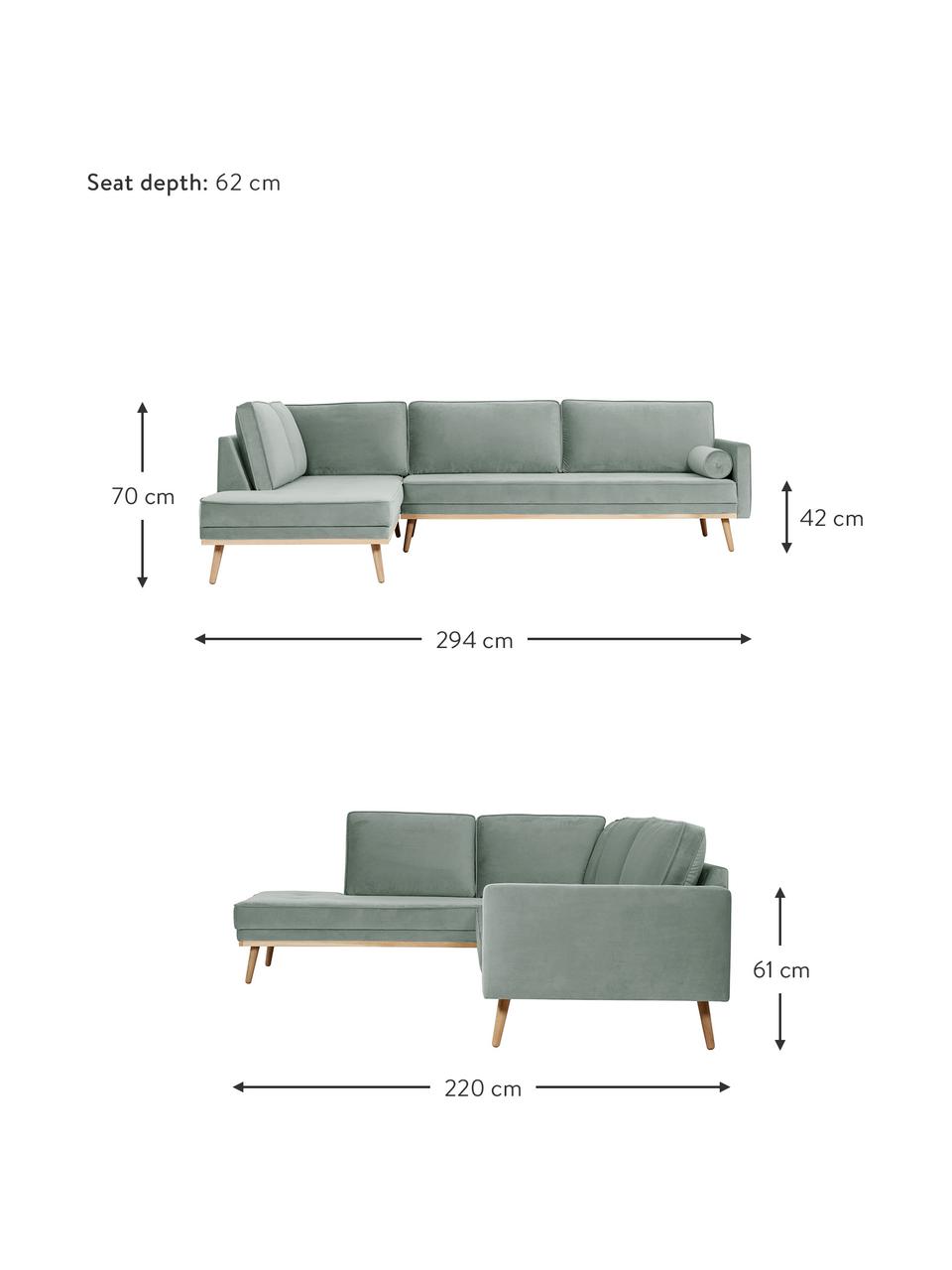 Sofa narożna z aksamitu z nogami z drewna dębowego Saint (4-osobowa), Tapicerka: aksamit (poliester) Dzięk, Szałwiowozielona tkanina, S 294 x G 220 cm