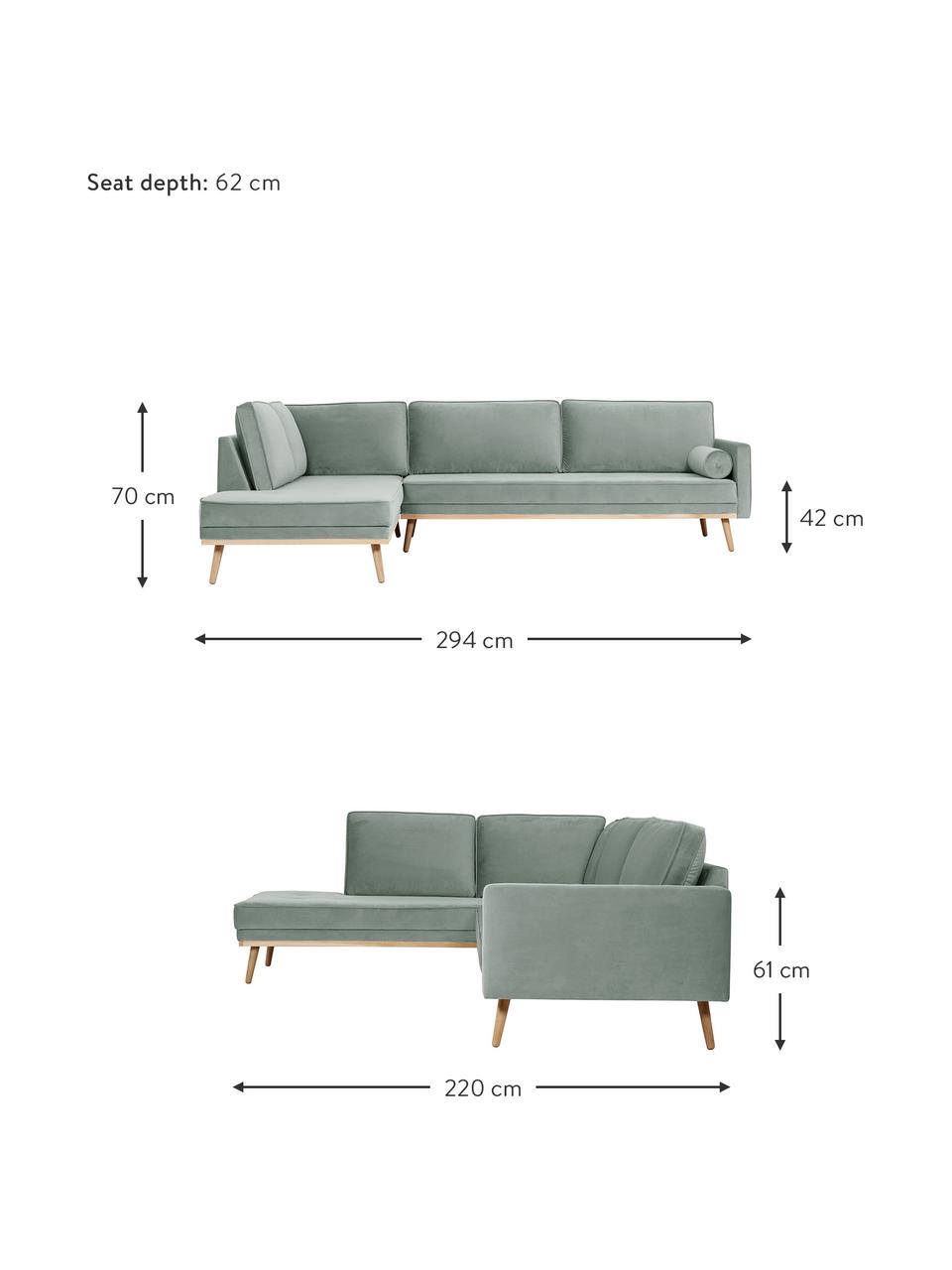 Zamatová rohová pohovka s drevenými nohami Saint (4-miestna), Šalviová, Š 294 x H 220 cm