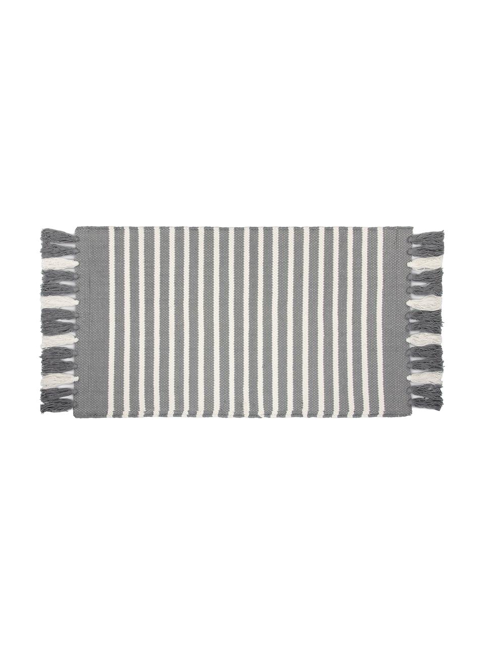 Tapis de bain à rayures avec franges Stripes & Structure, 100 % coton, Gris, blanc cassé, larg. 60 x long. 100 cm