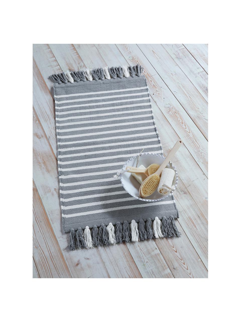 Gestreepte badmat Stripes & Structure met franjes, 100% katoen, Grijs, gebroken wit, B 60 x L 100 cm