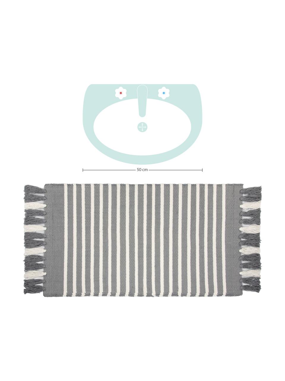 Pruhovaný koberec do kúpeľne so strapcami Stripes & Structure, 100 %  bavlna, Sivá, lomená biela, Š 60 x D 100 cm
