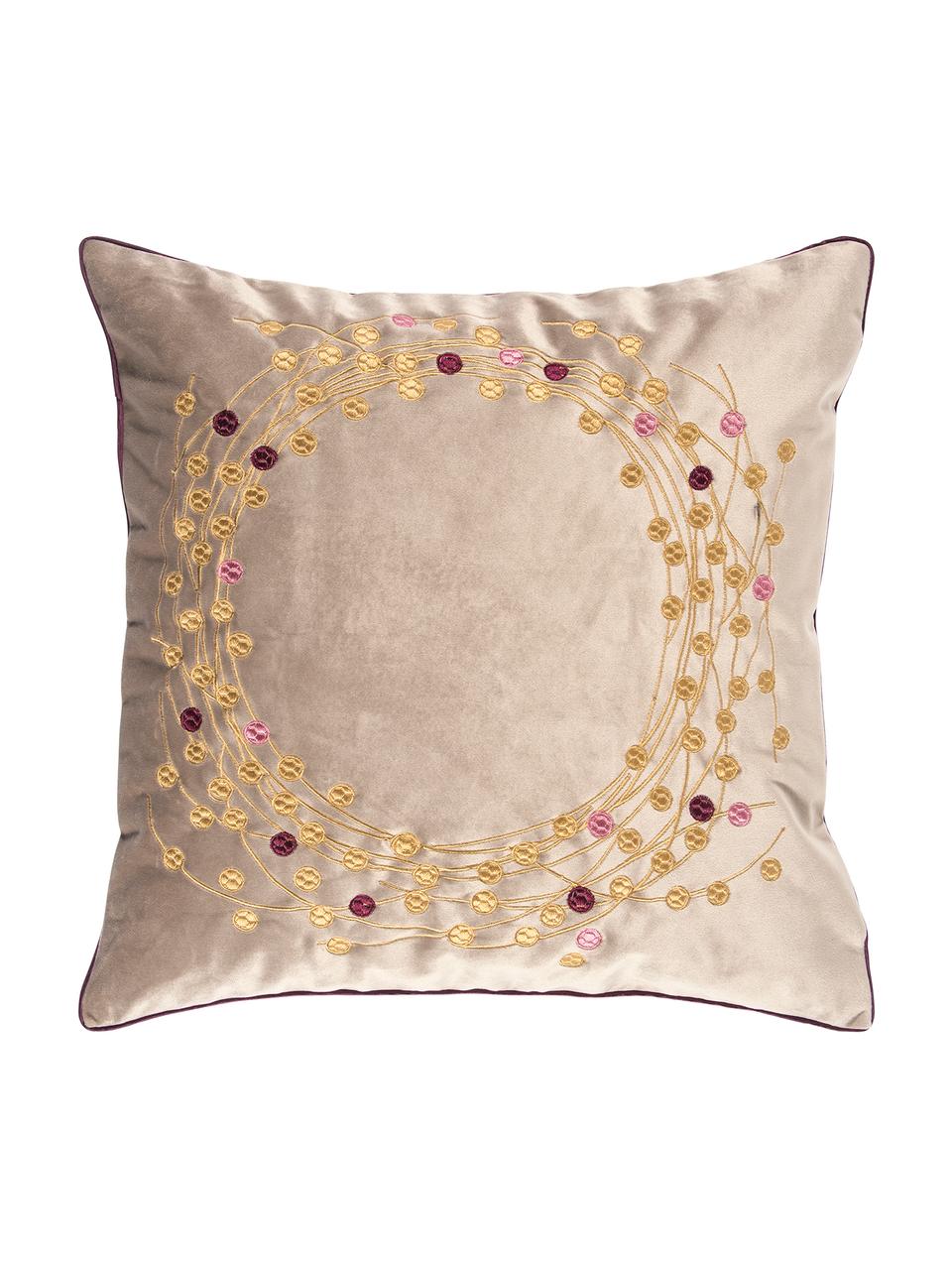 Fluwelen kussenhoes Circle met geborduurd wintermotief, Polyester fluweel, Zandkleurig, goudkleurig, 45 x 45 cm