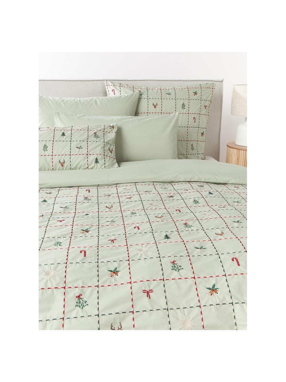 Funda nórdica de percal con bordado navideño Rudy, Verde salvia, multicolor, Cama 90 cm (155 x 220 cm)