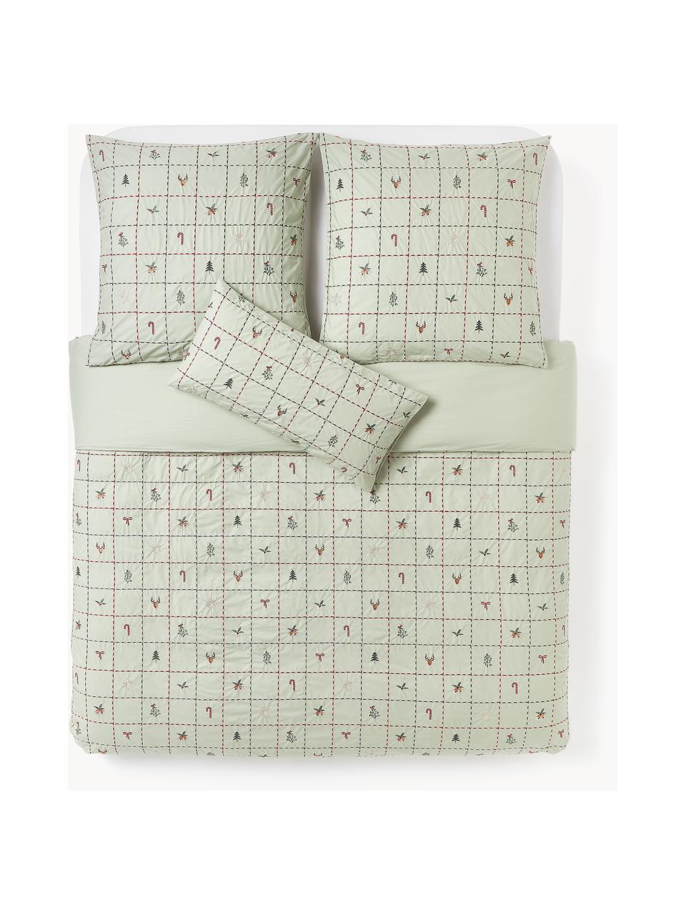 Funda nórdica de percal con bordado navideño Rudy, Verde salvia, multicolor, Cama 90 cm (155 x 220 cm)