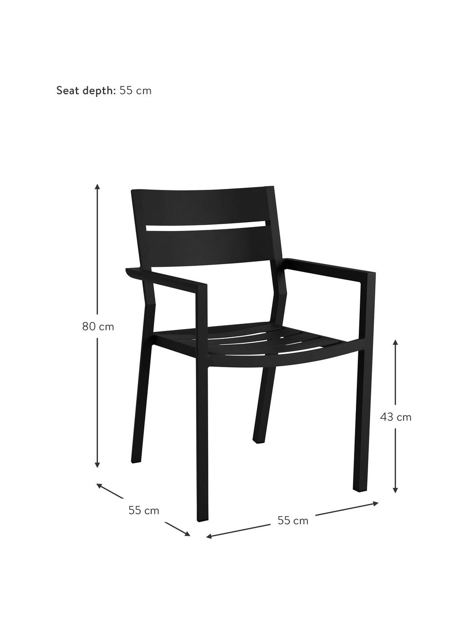 Chaise de jardin empilable noir Delia, Aluminium, revêtement par poudre, Noir, larg. 55 x prof. 55 cm