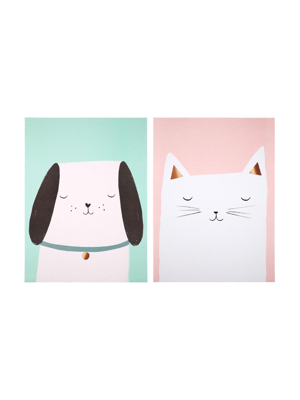 Postersset Cat & Dog, 2-delig, Digitale print op papier, 200 g/m², Roze, groen, wit, zwart, 31 x 41 cm