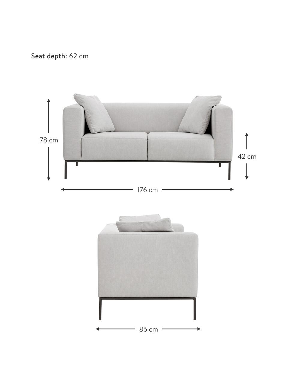 Bank Carrie (2-zits) in grijs met metalen poten, Bekleding: polyester, Frame: spaanplaat, hardboard, mu, Poten: gelakt metaal, Geweven stof grijs, B 176 x D 86 cm