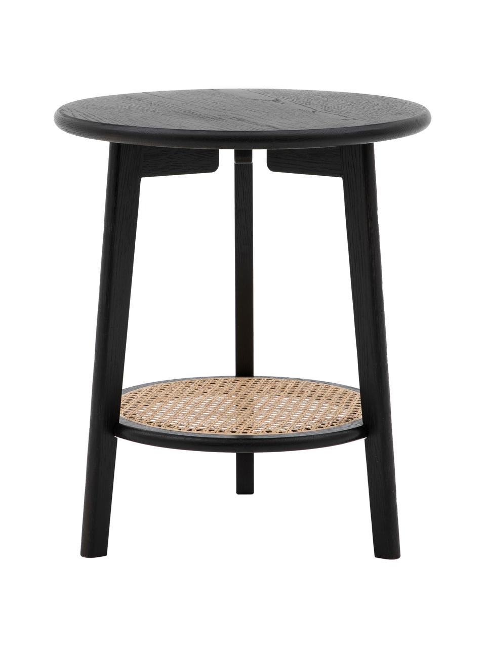 Table d'appoint ronde en chêne et rotin Skylar, Noir, beige, Ø 48 x haut. 55 cm