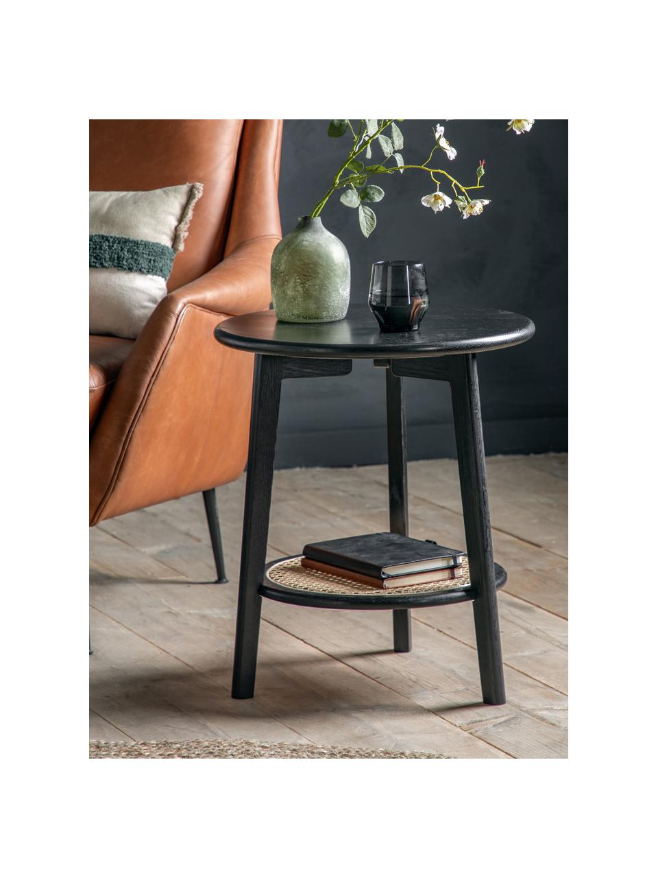 Table d'appoint ronde en chêne et rotin Skylar, Noir, beige, Ø 48 x haut. 55 cm
