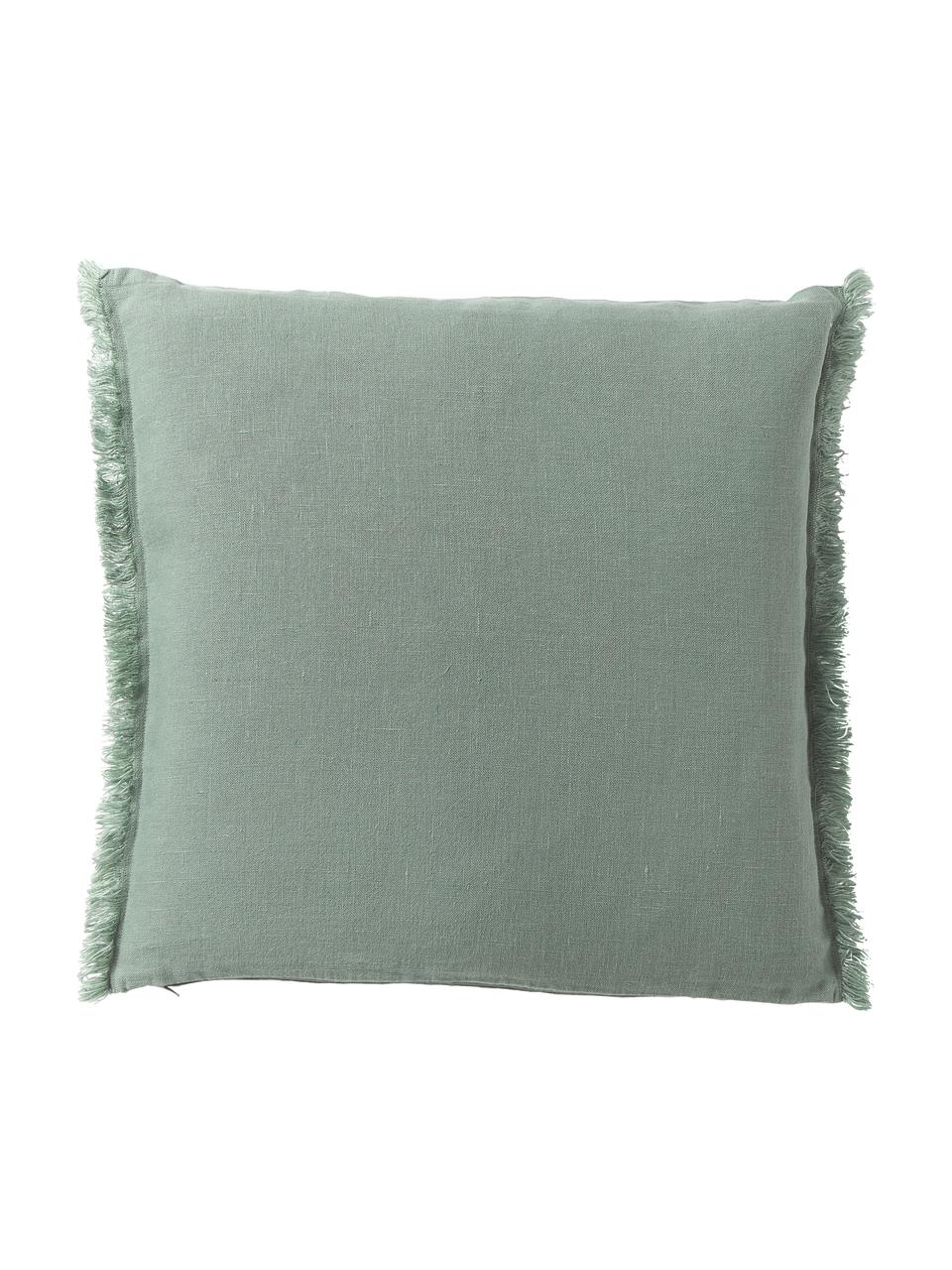 Funda de cojín de lino con flecos Luana, 100% lino

Por naturaleza, el lino tiene un tacto bastante aspero y un aspecto arrugado natural
La alta resistencia al desgarro hace que el lino sea muy resistente., Verde salvia, An 40 x L 40 cm