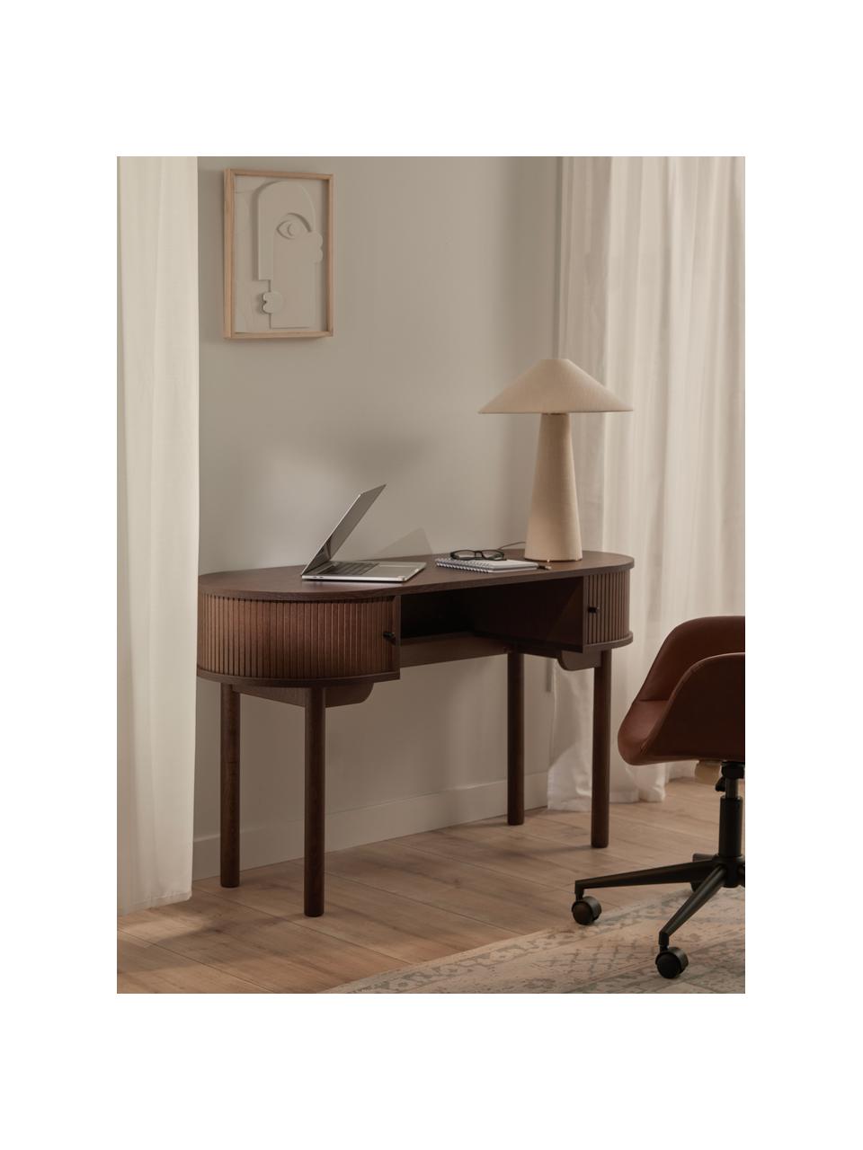 Bureau façade cannelé Calary, Chêne brun foncé laqué, larg. 130 x prof. 50 cm